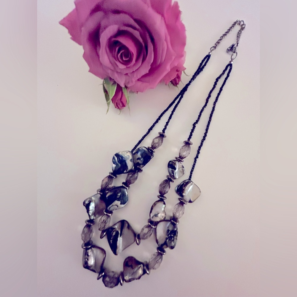 Necklace Black, silver, gray Mother Of Pearl, faceted gray glass beads 18-20”